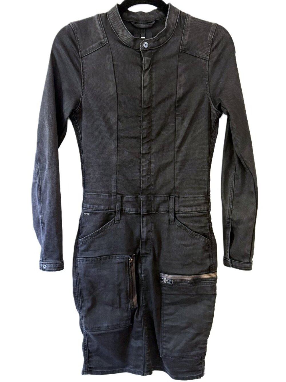 NWOT G-Star RAW Black Utility Denim Dress Zip Front Long Sleeve Size Small